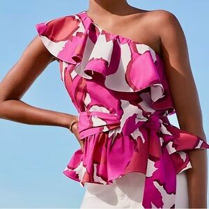 Ann Taylor Fuchsia Floral One-Shoulder Blouse sz LP Spring/Summer
